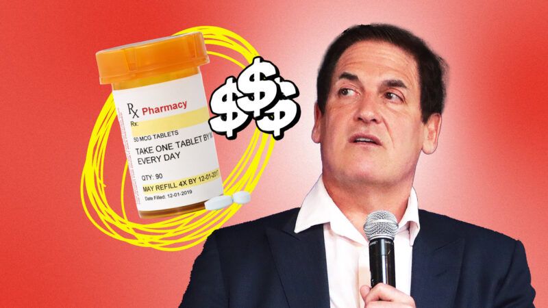 A photo of Mark Cuban against a red background with a pill bottle circled in yellow and with three white dollar signs | Illustration: Lex Villena; adapted from Gage Skidmore, Sherry Young, Dreamstime