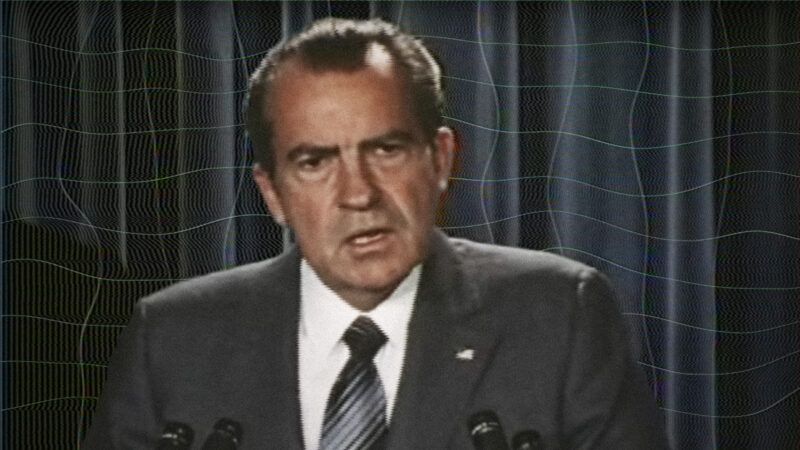 President Richard Nixon during the June 1971 speech in which he declares drug abuse "public enemy number one," with the pattern on the curtain behind him altered to look wavy. | Illustration: Lex Villena; Richard Nixon Foundation/YouTube