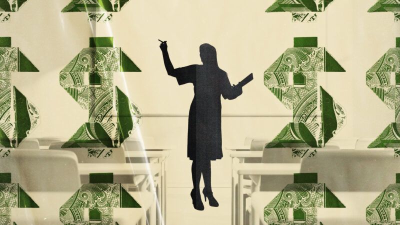 Teacher in front of classroom with dollar signs that have a money pattern across the image | llustration: Lex Villena; adapted from Majivecka | Dreamstime.com