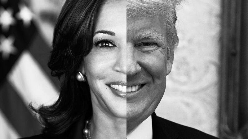 A split-screen face with Kamala Harris on the left and Donald Trump on the right | Illustration: Joanna Andreasson; Source images: Adam Schultz/The White House, Shealah Craighead/The White House