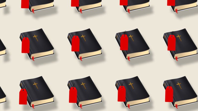 An illustration of Bibles with red price tags | Illustration: Lex Villena; Novichok654, Natis76 | Dreamstime.com