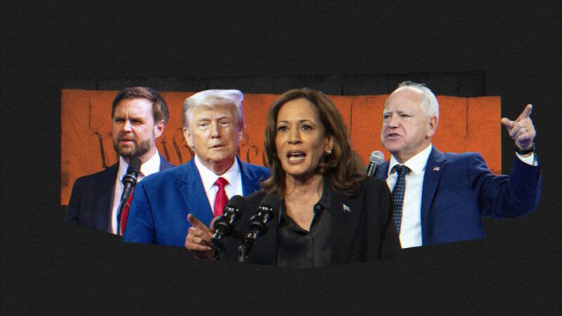 Photos of J.D. Vance, Donald Trump, Kamala Harris, and Tim Walz against a background showing the U.S. Constitution | Illustration: Lex Villena; photos: Aaron Schwartz, CNP, Mega, RSSIL,  Ron Sachs, Mark Hertzberg, Brian Cahn, Zuma Press, Newscom