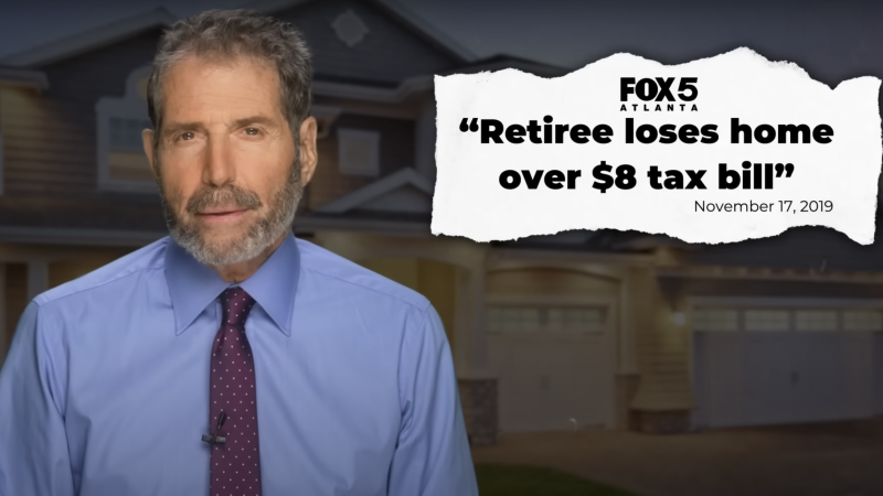 John Stossel is seen next to a headline that says, "Retiree loses home over  tax bill" | Stossel TV