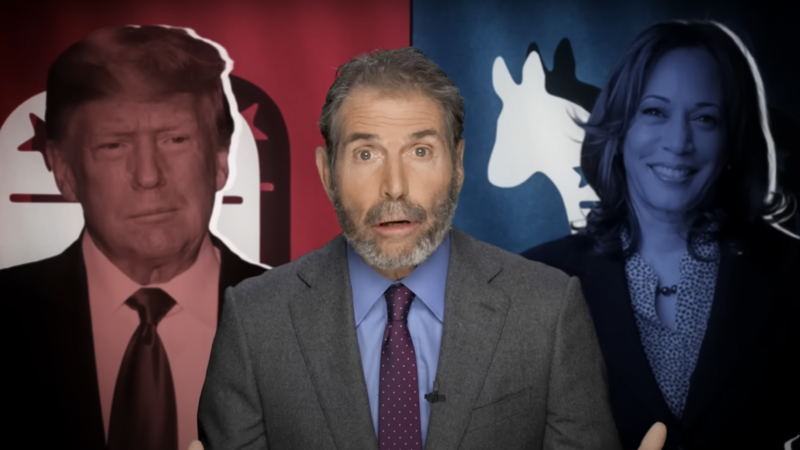 John Stossel is seen between Donald Trump and Kamala Harris | Stossel TV