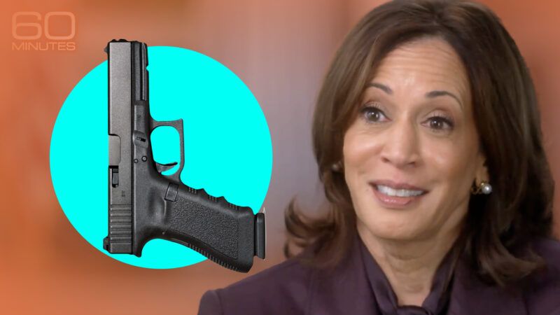 Kamala Harris is pictured next to a Glock | Illustration Lex Villena; Andrea La Corte | Dreamstime.com; Screenshot, YouTube