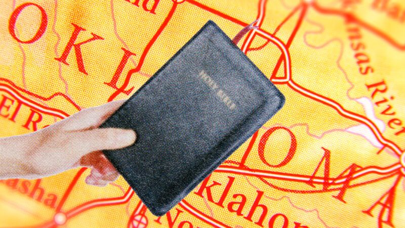 A red and yellow map of Oklahoma with someone holding a Bible in front of it | Illustration: Lex Villena; Marko Bukorovic, Manaemedia | Dreamstime.com