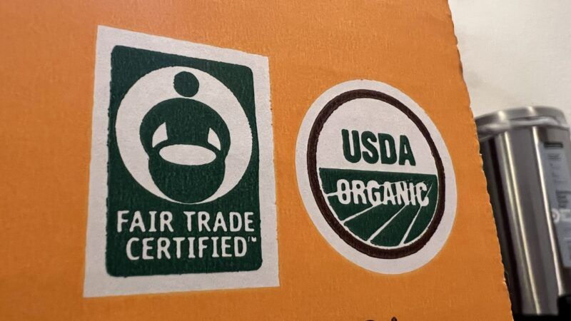 A box with stickers reading "Fair Trade Certified" and "USDA Organic" | Gado Images/Smith Collection/Gado/Sipa USA/Newscom