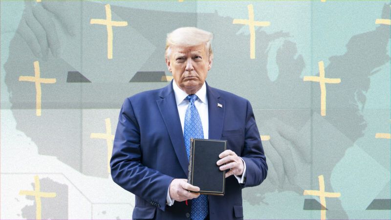 Donald Trump holding a bible in front of a map of the US with gold crosses | Illustration: Lex Villena; adapted from Shealah Craighead/White House/ZUMAPRESS/Newscom, Tom Wang | Dreamstime.com