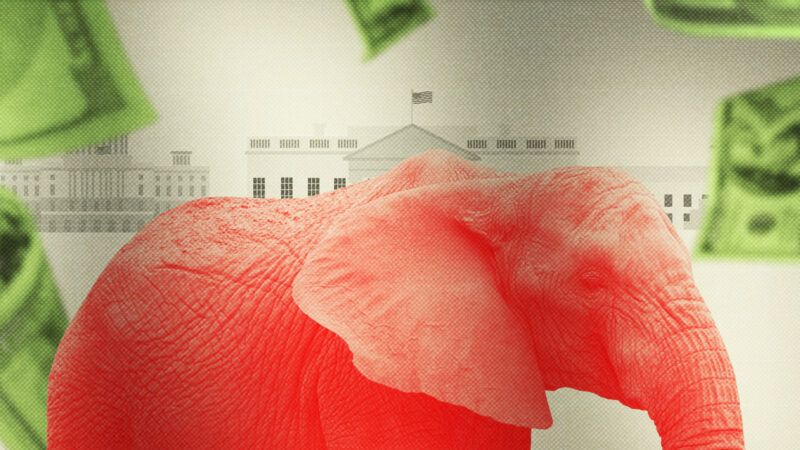 A red elephant stands in front of the White House surrounded by money | Illustration Lex Villena; Jpldesigns | Dreamstime.com