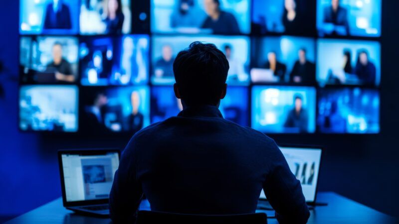 A shadowy figure, shot from behind, sits in front of a bank of monitors, akin to a surveillance center. | AminaDesign | Dreamstime.com