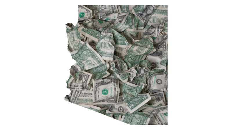 The outline of the state of Arizona, filled with crumpled dollar bills. | Helistockter | Dreamstime.com