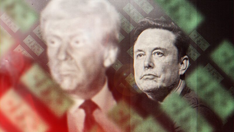 Elon Musk in the background, with President-elect Donald Trump fuzzy in the foreground, amid a backdrop of American money. | Illustration: Lex Villena, Matt Bishop SPACE  MEGA Newscom CFSAN,  Wcamp9 (CC BY 4.0)