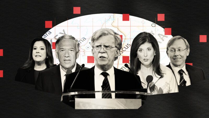 From left: Elise Stefanik, Mike Pompeo, John Bolton, Nikki Haley, Brian Hook. | Illustration: Lex Villena; Gage Skidmore, Aaron Schwartz/CNP / Polaris/Newscom, Ron Sachs - CNP for NY Post/picture alliance / Consolidated News Photos/Newscom, New America (CC BY 2.0)