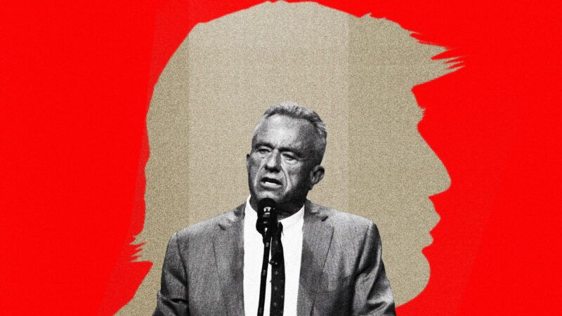 A black and white picture of RFK Jr. against a red background with a tan outline of Donald Trump's head | Illustration: Lex Villena; Jen Golbeck/ZUMAPRESS/Newscom, Ginettigino | Dreamstime.com