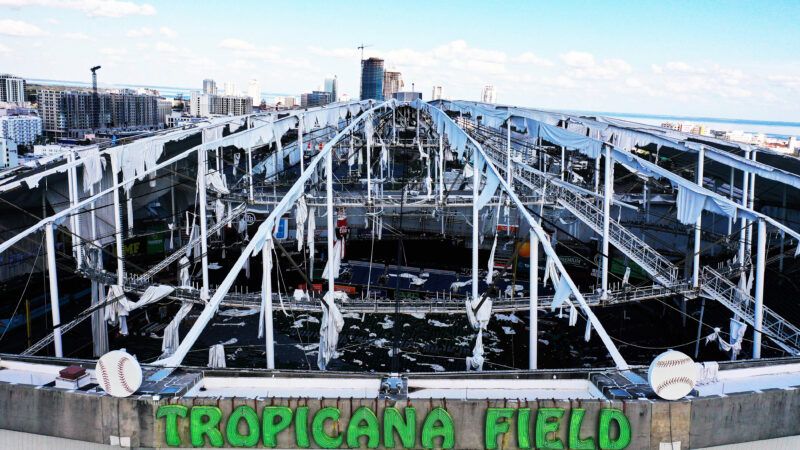 The shattered domed roof at Tropicana Field after Hurricane Milton. | Paul Hennessy/ZUMAPRESS/Newscom