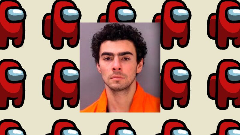 Luigi Mangione's mug shot, against a backdrop of red cartoon astronaut characters from the multiplayer game 'Among Us.' | Illustration: Lex Villena;Innersloth