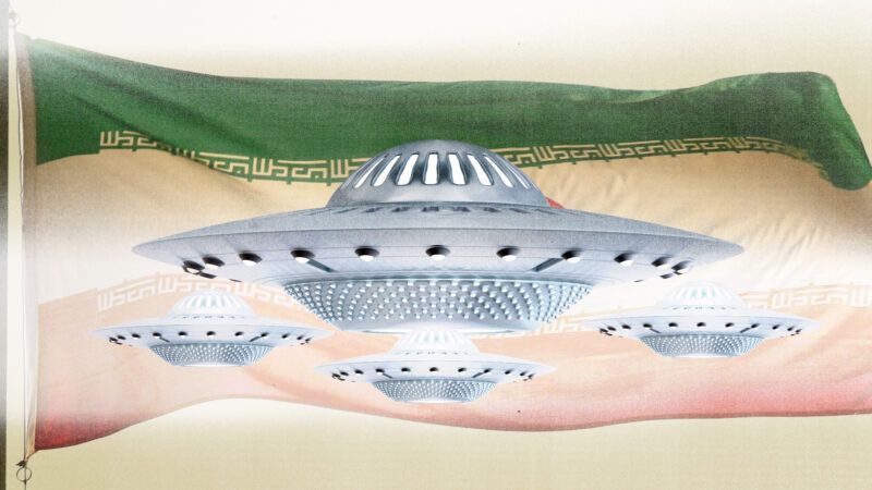 The Iranian flag flying with a sketch of a classic looking UFO over it | Illustration: Lex Villena; Paul Cowan | Dreamstime.com, Nikolayn 