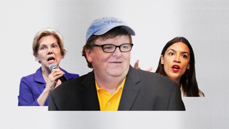 Michael Moore, Sen. Elizabeth Warren (D–Mass.), and Rep. Alexandria Ocasio-Cortez (D–N.Y.) | 66ème Festival de Venise (Mostra) CC BY-SA 2.0, Gage Skidmore, SXSW CC BY-SA 2.0