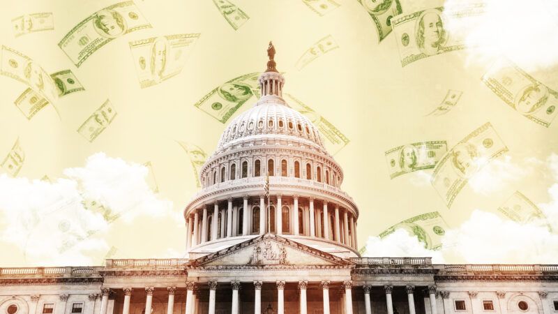 The U.S. Capitol building with a background of yellow and white blobs with dollar bills floating across it | Illustration: Lex Villena; 3000ad