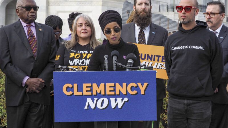 Rep. Ilhan Omar (D–Minn.) and other congressional leaders, justice reform advocates, and formerly incarcerated people urge President Joe Biden to use his clemency powers. | Sue Dorfman/ZUMAPRESS/Newscom