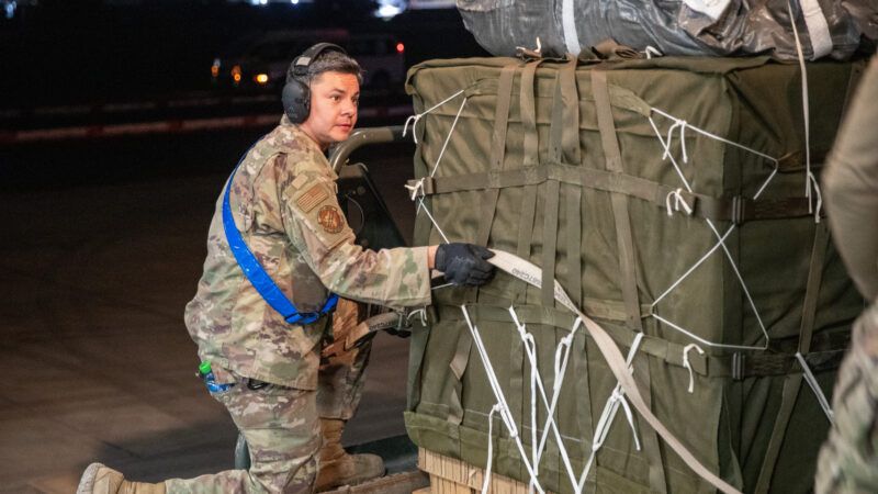 U.S. service members unload pallets of humanitarian aid destined for Gaza aboard a C-17 Globemaster III at an undisclosed location, March 5, 2024. | U.S. Army photo by Sgt. Mikayla Fritz