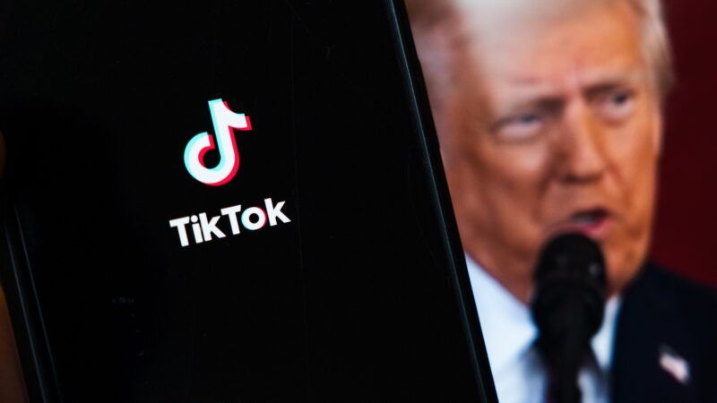 A screen with the TikTok logo on the left side with Donald Trump on the right side | Dylan Nieuwland/ANP/Newscom