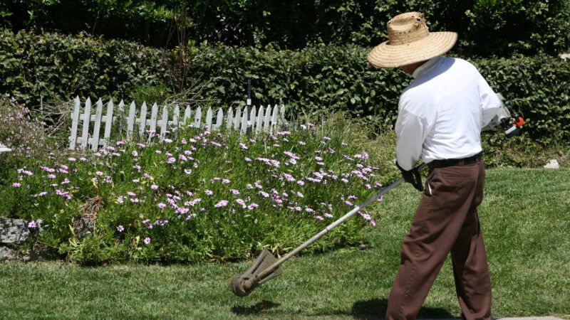 A man uses a weed eater to edge a lawn. | Darrin Aldridge | Dreamstime.com