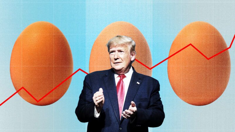 President Donald Trump against a backdrop of eggs and a line graph trending up. | Illustration: Lex Villena; Gage Skidmore, Atman | Dreamstime.com