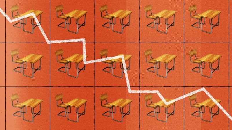 A grid of red squares with desks and chairs in each square and a jagged white line pointing down | White © Koya79 | Dreamstime.com