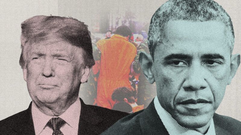 President Donald Trump, former President Barack Obama, and a detainee in an orange jumpsuit. | Illustration: Lex Villena; Presiyan Panayotov | Dreamstime.com, Gints Ivuskans