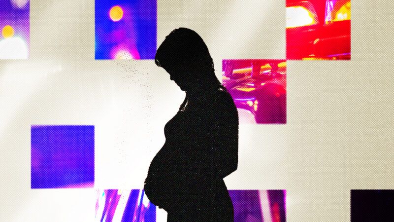 A shadowed figure of a pregnant woman in the foreground with a tan background and red and blue tinted boxes showing snippets of police squad car lights across the photo | Illustration: Lex Villena; Jason Stitt