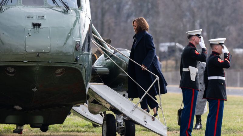 Vice President Kamala Harris being saluted and boarding a helicopter | Sipa USA/Newscom