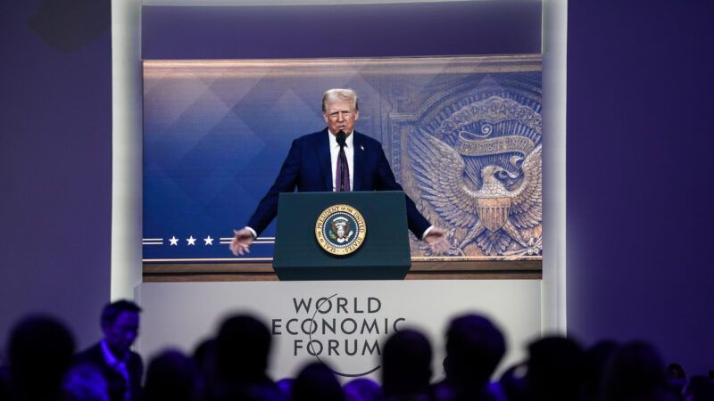 President Trump speaking to a crowd in Davos via satellite. | Peng Ziyang / Xinhua News Agency/Newscom