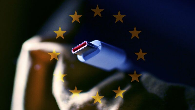 USB-C cable behind a semi-transparent E.U. flag. | Adrien Fillon/ZUMAPRESS/Newscom