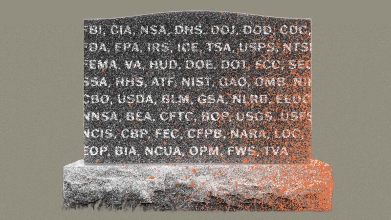 A headstone marked with abbreviations of government agencies | Illustration: Lex Villena; Chiyacat | Dreamstime.com