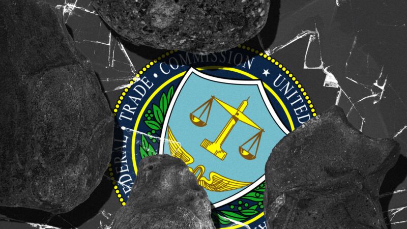 Federal Trade Commission logo underneath broken glass and stones. | Illustration: Lex Villena; Releon8211 | Dreamstime.com, Natalia Skripnikova