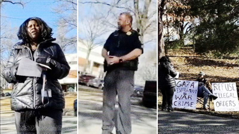 Kirk Wolff on the left, a police officer in the center, and protest signs in support of Gaza on the right | Kirk Wolff