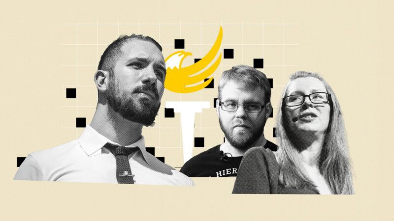 Steven Nekhaila, Michael Heise, and Angela McArdle in front of a Libertarian Party logo | Illustration: Lex Villena; Reason, Steven Nekhaila - Key West, Libertarian; Gage Skidmore