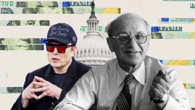 Elon Musk and Milton Friedman are seen in front of the U.S. Capitol | Illustration: Lex Villena; Charles Osgood/TNS/Newscom, Joshua Sukoff/Medill News Service/Newscom, © Seregraff