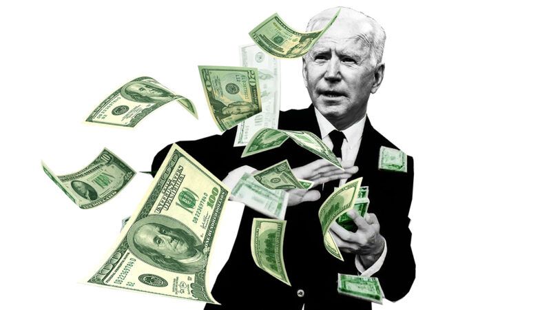 An illustration of Joe Biden throwing out dollar bills | Illustration: Joanna Andreasson Source images: iStock, Gage Skidmore