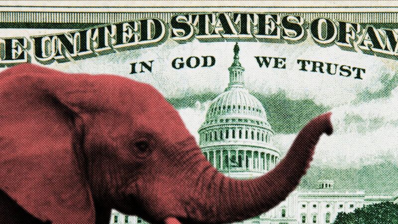 A GOP elephant is seen in front of money | Illustration: Lex Villena; Duncan Noakes, Tmcfarlan