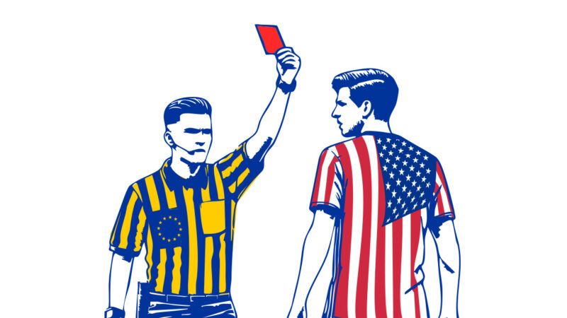 An illustration of a referee in a European Union uniform giving a red card to a player in a U.S. uniform | Illustration: Joanna Andreasson