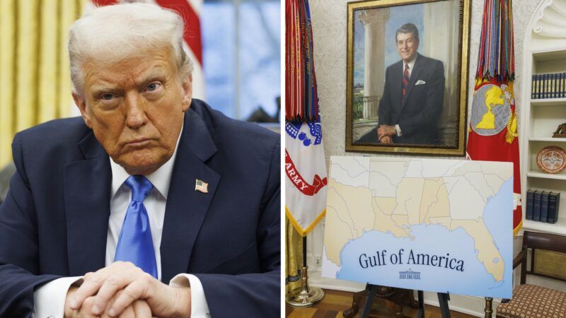 President Donald Trump in the Oval Office, alongside a picture on display of the Gulf of Mexico, now designated the Gulf of America. | Illustration: Lex Villena; 	Sipa USA;Aaron Schwartz/picture alliance / Consolidated News Photos/Newscom