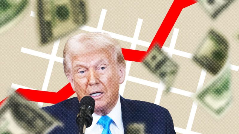 Donald Trump with dollar bills and a red line budget graph | Illustration: Lex Villena; CNP/AdMedia/SIPA/Newscom