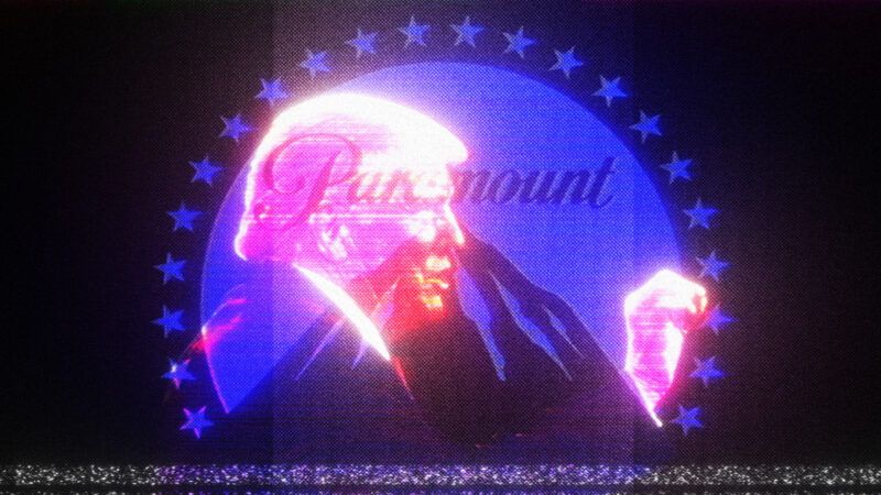 A neon picture of Donald Trump with the Paramount logo in black and blue overlaid across it | Illustration: Lex Villena; Julia Nikhinson CNP AdMedia