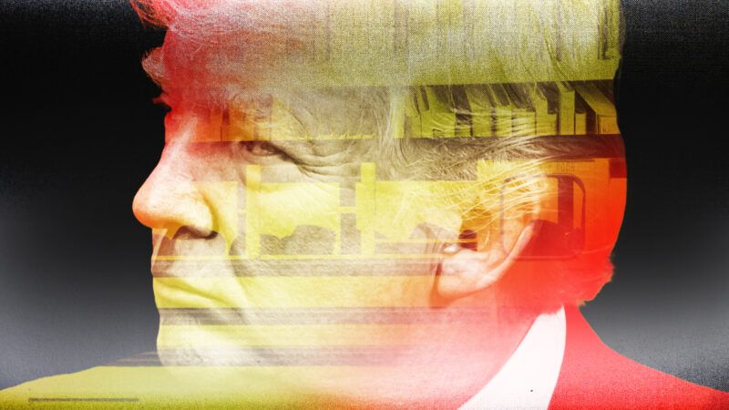 A headshot of Trump tinted red and yellow and a dark background | Lex Villena; Speech © Palinchak