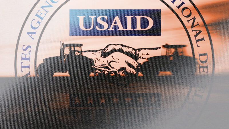 The USAID logo in the background with a sketch of a handshake in the foreground | Illustration: Lex Villena; Midjourney