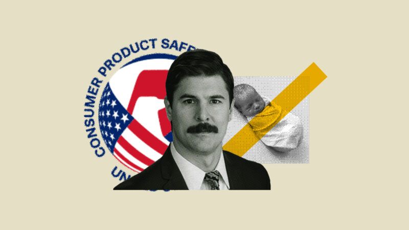 Consumer Product Safety Commission logo, Commissioner Trumka, and a swaddled infant | Illustration: Lex Villena; Volodymyr Maksymchuk