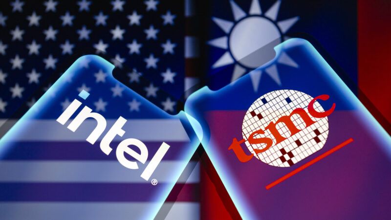 Phones with the Intel and TSMC logos, pressed against one another, with the flags of the U.S. and Taiwan in the background. | 	Andre M. Chang/ZUMAPRESS/Newscom