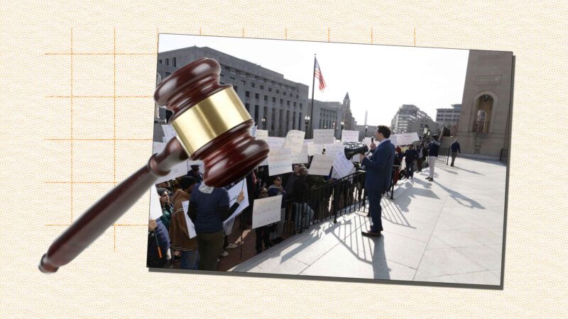 Illustration of a gavel and Empower CEO Joshua Sear at a protest | Illustration: Lex Villena; ID 23704643 © Rangizzz | Dreamstime.com | Empower